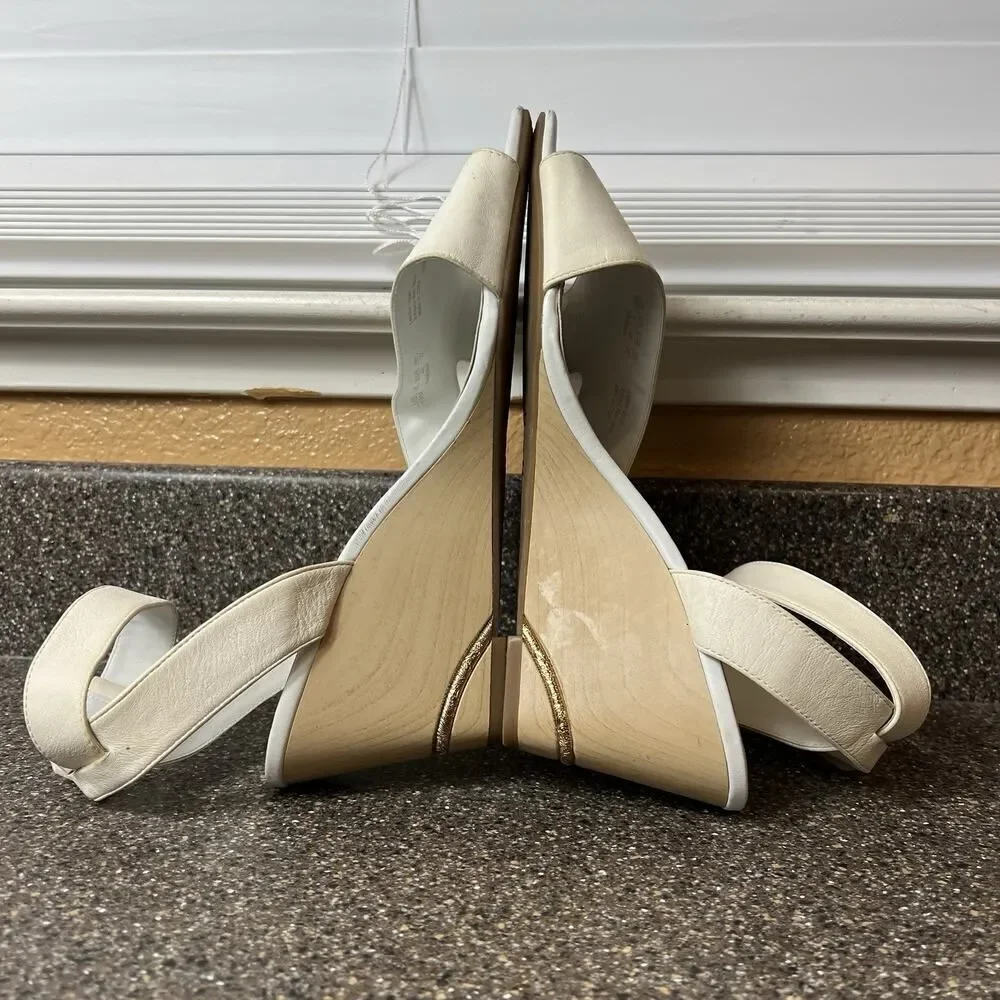 Franco Sarto White Leather Wedge Sandals Women's Size 10 M Open Toe Ankle Straps